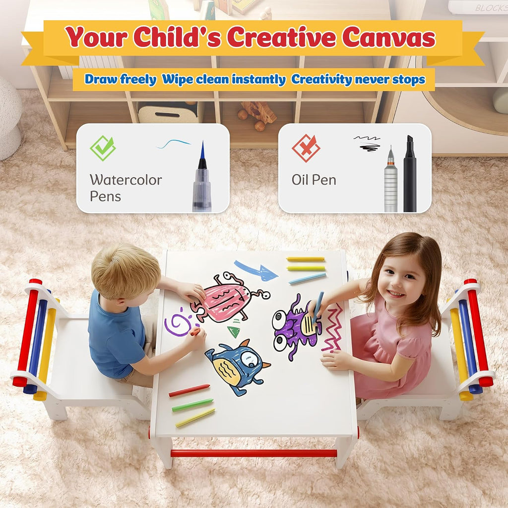 DOREROOM Wooden Kids Table & Chair, Graffiti Desktop & Storage, Multicolor | 4-in-1 Activity Table Set for Drawing, Crafts & Arts, Reading, Learning, Toddler Desk for Playroom, Daycare, Home, Ages 3+
