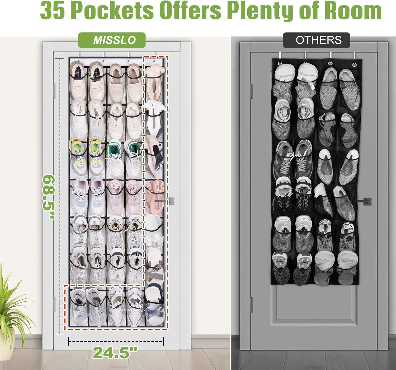 MISSLO 35 Clear Large Pockets Over The Door Shoe Organizer Sturdy Oxford Fabric Hanging Shoe Rack Closet Shoe Holder Hanger, White