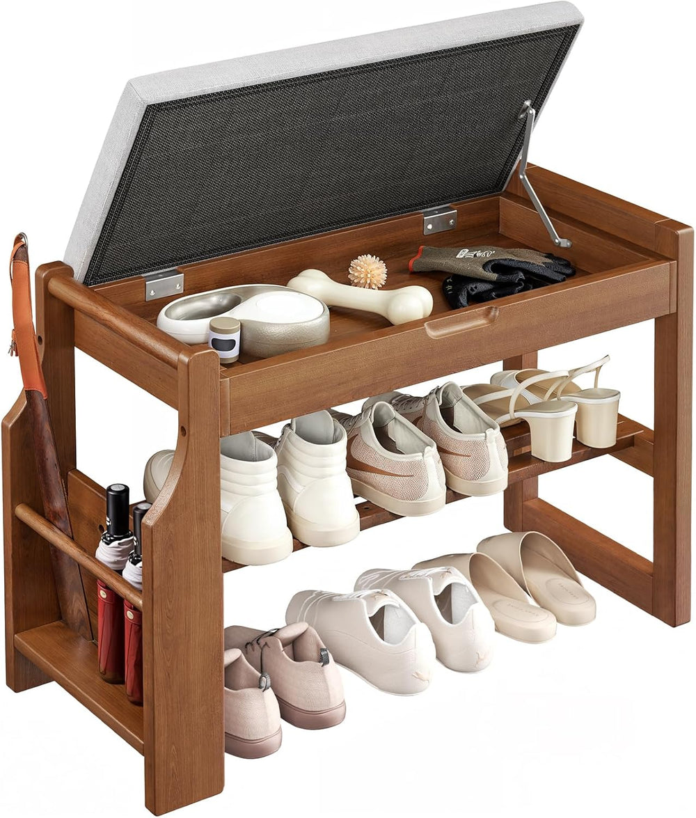 Pipishell 26″ Solid Pine Wood Shoe Rack Bench with Soft Cushion, 2 Tiers Shoe...