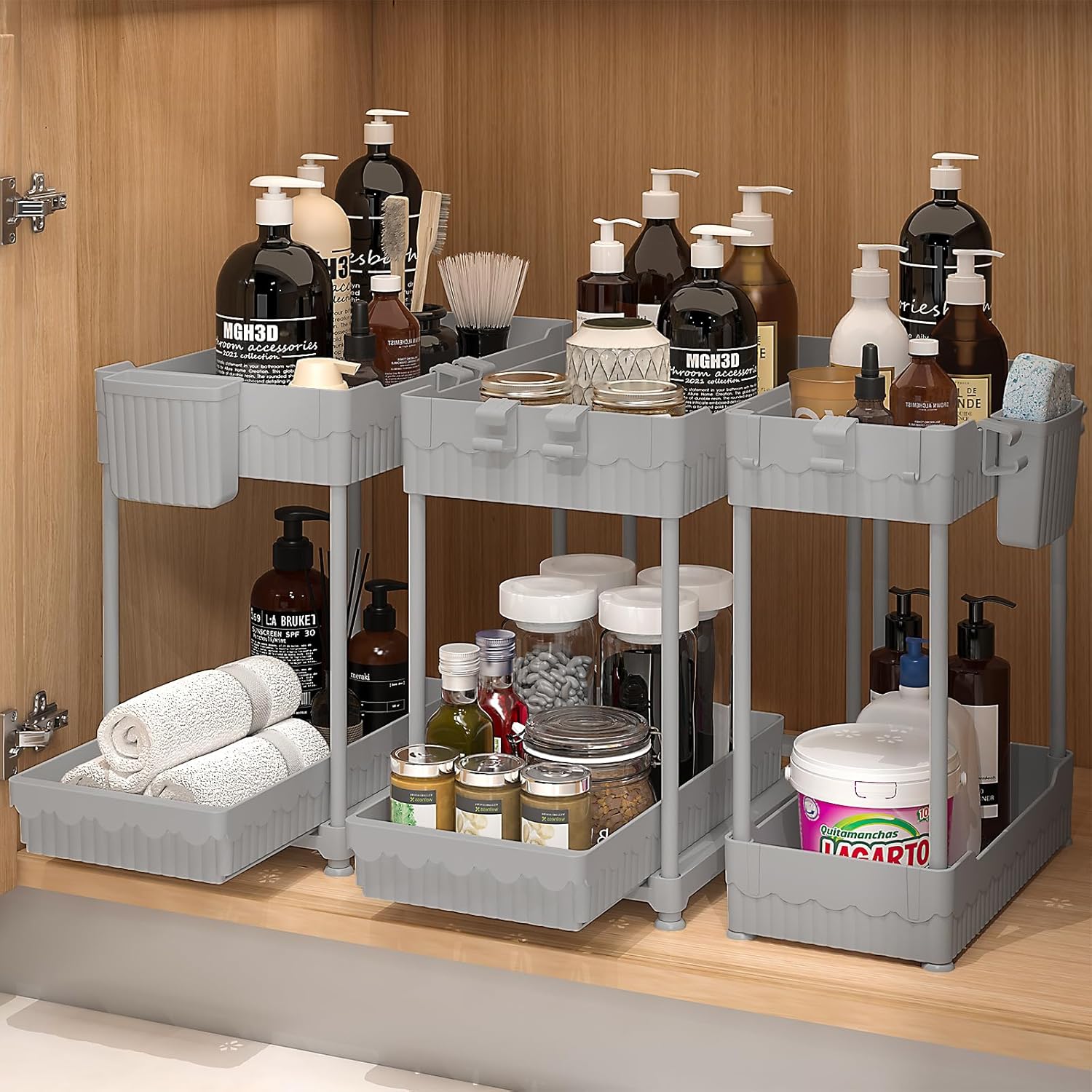 3 Pack Under Sink Organizers, 2-Tier Multi-Use Kitchen and Bathroom Organizers and Storage with Sliding Drawers，Bathroom Cabinet Organizer (Gray, 12.8 Inch)