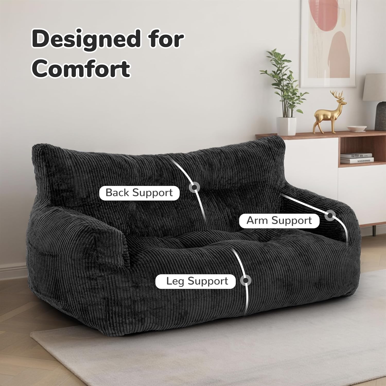 59" Bean Bag Chair,2 Seat Loveseat Sofa,Corduroy Lazy Sofa Bed for Adults,Fit Living Room, Bedroom,Outdoor Spaces,Ultra Soft Dutch Velvet,Fluffy Comfort Washable Cover,72h Rebound,Black