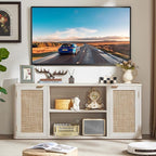 LEYAOYAO Rattan TV Stands for Living Room, Boho Entertainment Center with Storage and Open Shelf, Wood Media Console for 50-65 Inch TV, Grey White