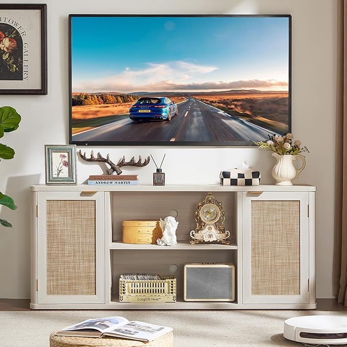 LEYAOYAO Rattan TV Stands for Living Room, Boho Entertainment Center with Storage and Open Shelf, Wood Media Console for 50-65 Inch TV, Grey White