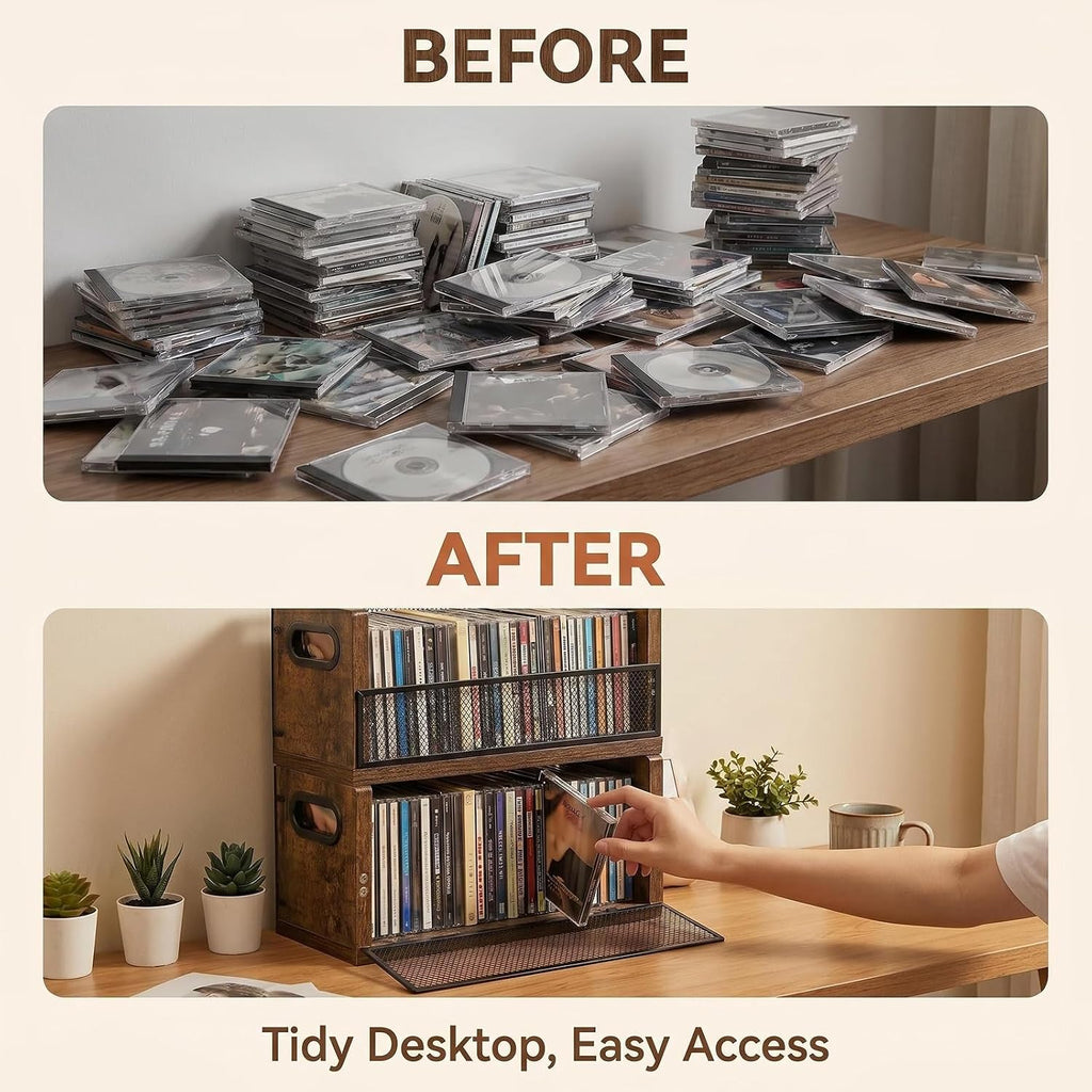 PUTNATRURE CD Storage Box, Hold 38 CD Cases, Stackable Music Tower with Magnetic Opening Door for Easy Access, Desktop Disc Organizer for Home and Office