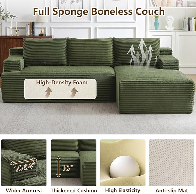 96.1" Modular Sectional Sofa Couches L-Shape Couch 3 Seat Modular Sofa Corduroy Memory Foam Sectional Boneless Couches for Living Room, Cloud Couch with Oversized Chaise(Green, Right Facing)