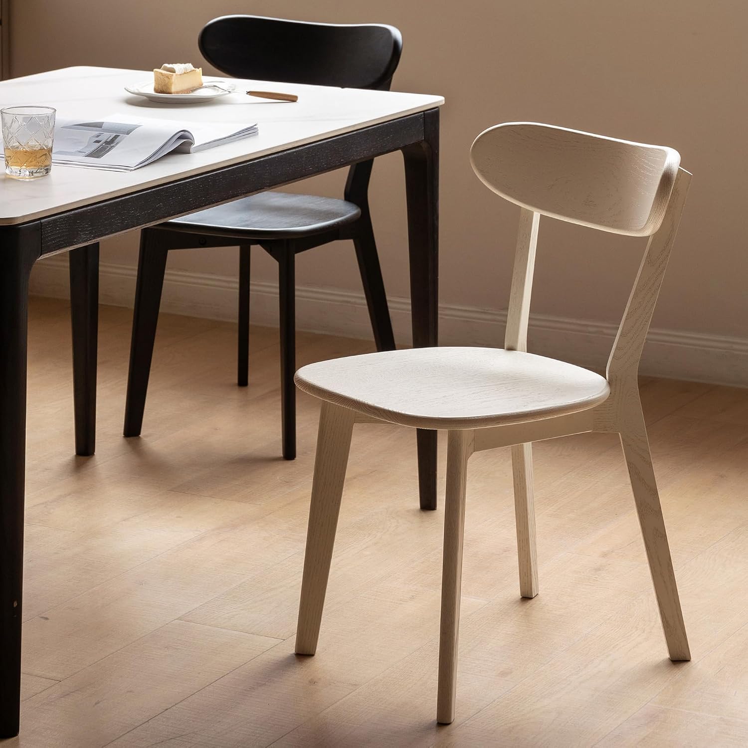 Oak Dining Chairs, Kitchen Chairs, 100% Solid Wood Modern Dinner Chair with Curved Backrest, Dining Room Chair for Kitchen, Living Room, Study(2PK, Cream White)