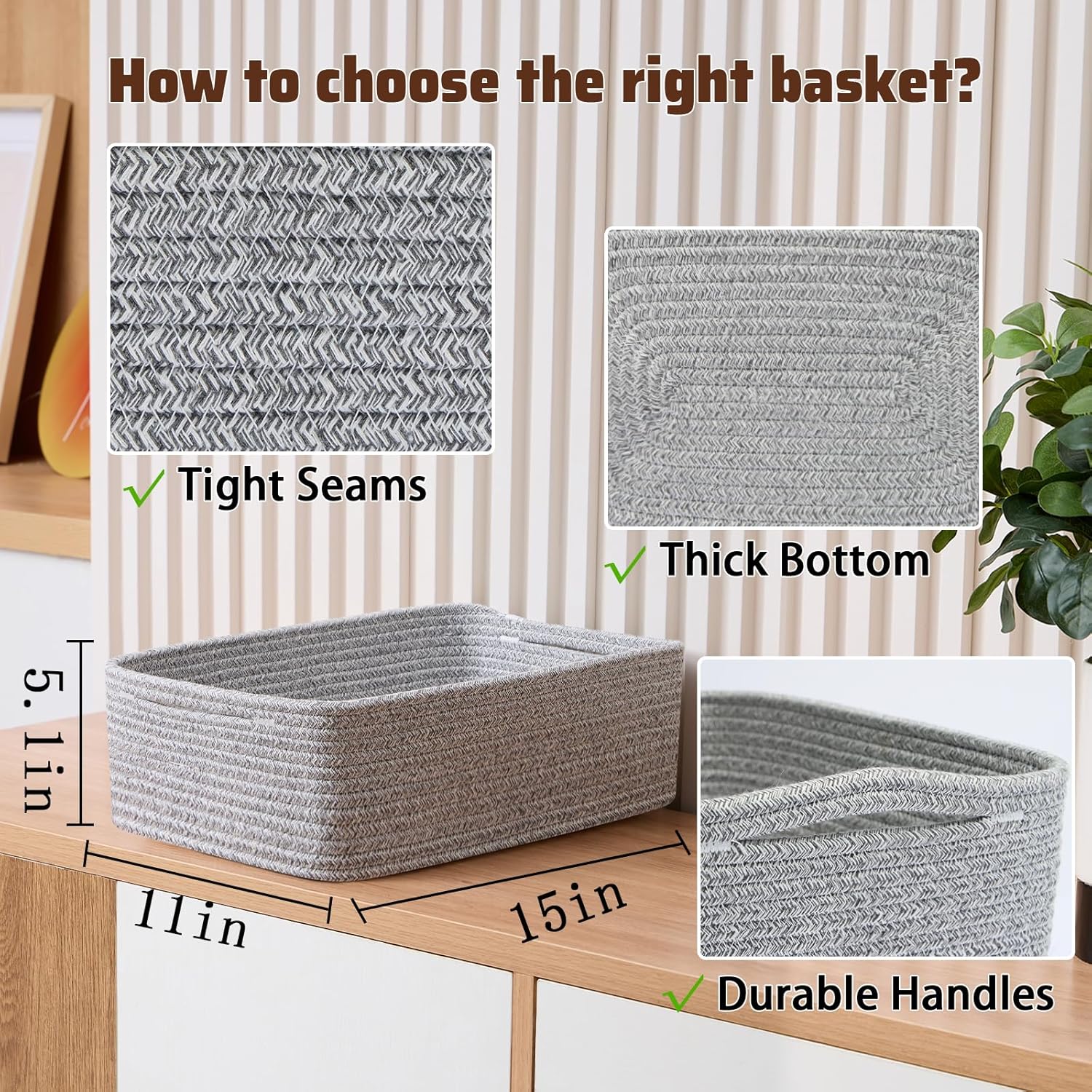Large Shallow Organizing Baskets 15x11x5.1 Inches - Rope Woven Storage Bins for Bathroom, Shelves, Cube Closet, Mixed Grey 4 Packs