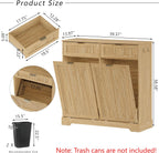 2 x 13 Gallons Double Tilt Out Trash Can Cabinet, Wooden Fluted Trash Garbage Can Cabinet with 2 Drawers, Hidden Laundry Hamper with Hooks for Kitchen Living Room, Natural Oak