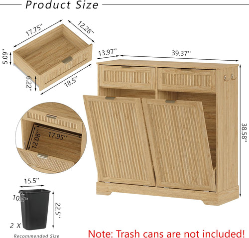 2 x 13 Gallons Double Tilt Out Trash Can Cabinet, Wooden Fluted Trash Garbage Can Cabinet with 2 Drawers, Hidden Laundry Hamper with Hooks for Kitchen Living Room, Natural Oak