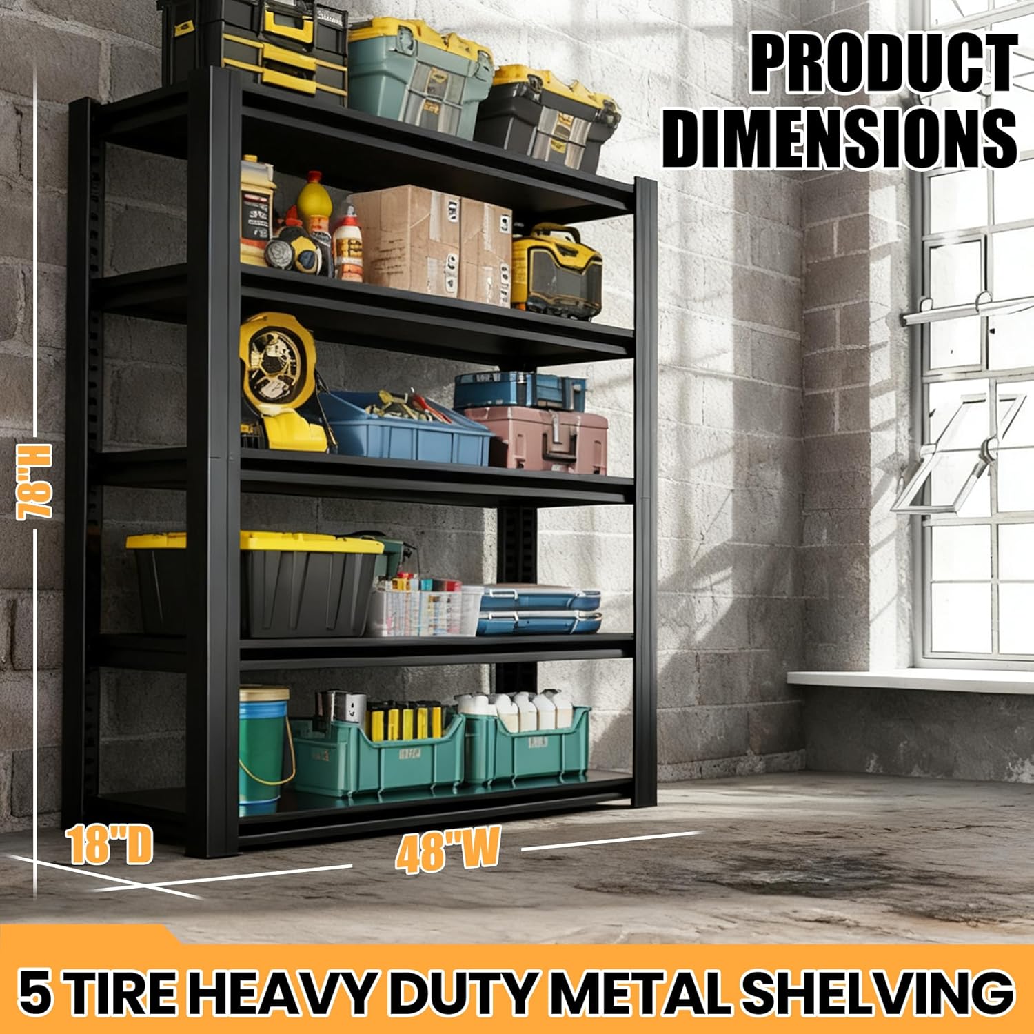 78" H Garage Shelving, Heavy Duty Storage Shelves, Garage Storage Shelves, Adjustable 5 Tier Metal Shelving Unit, Utility Shelves for Warehouse Backyard, 78" H×47.5" W×18" D