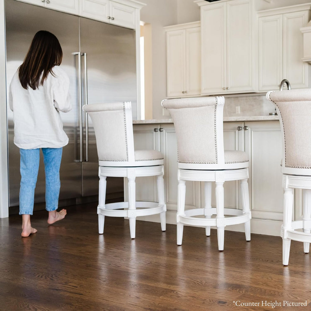Maven Lane Pullman Bar Stool, White, Cream Fabric, 31", Set of 2