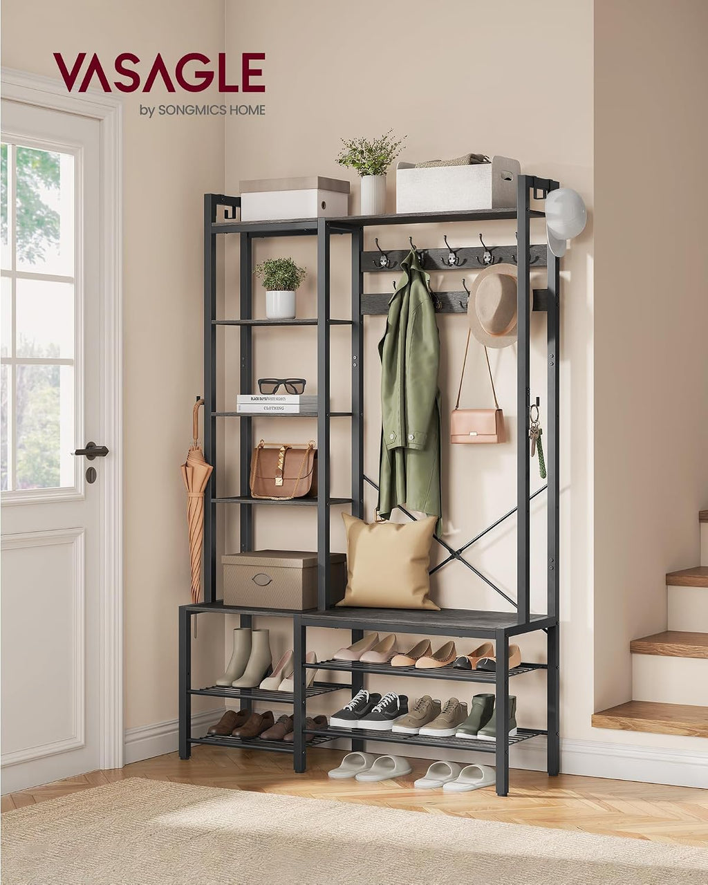 VASAGLE Hall Tree with Bench and Shoe Storage, Entryway Coat Rack with Shoe Bench, 5 Storage Shelves, 9 Coat Hooks, 6 Side Hooks, 15.7 x 47.2 x 74.8 Inches, Stone Gray and Ink Black UHSR426B04