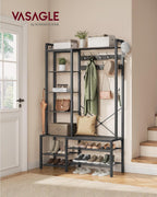 VASAGLE Hall Tree with Bench and Shoe Storage, Entryway Coat Rack with Shoe Bench, 5 Storage Shelves, 9 Coat Hooks, 6 Side Hooks, 15.7 x 47.2 x 74.8 Inches, Stone Gray and Ink Black UHSR426B04