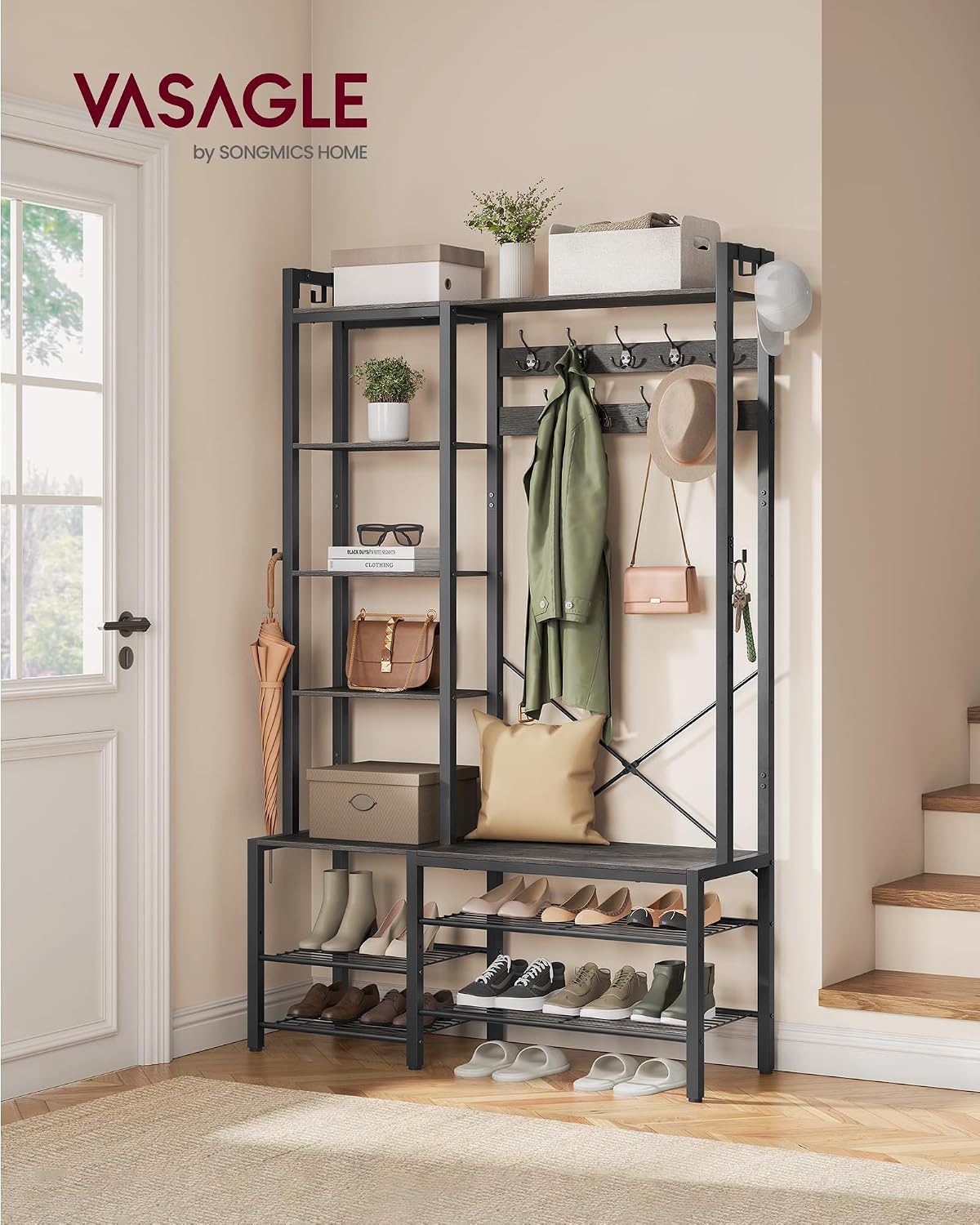 VASAGLE Hall Tree with Bench and Shoe Storage, Entryway Coat Rack with Shoe Bench, 5 Storage Shelves, 9 Coat Hooks, 6 Side Hooks, 15.7 x 47.2 x 74.8 Inches, Stone Gray and Ink Black UHSR426B04