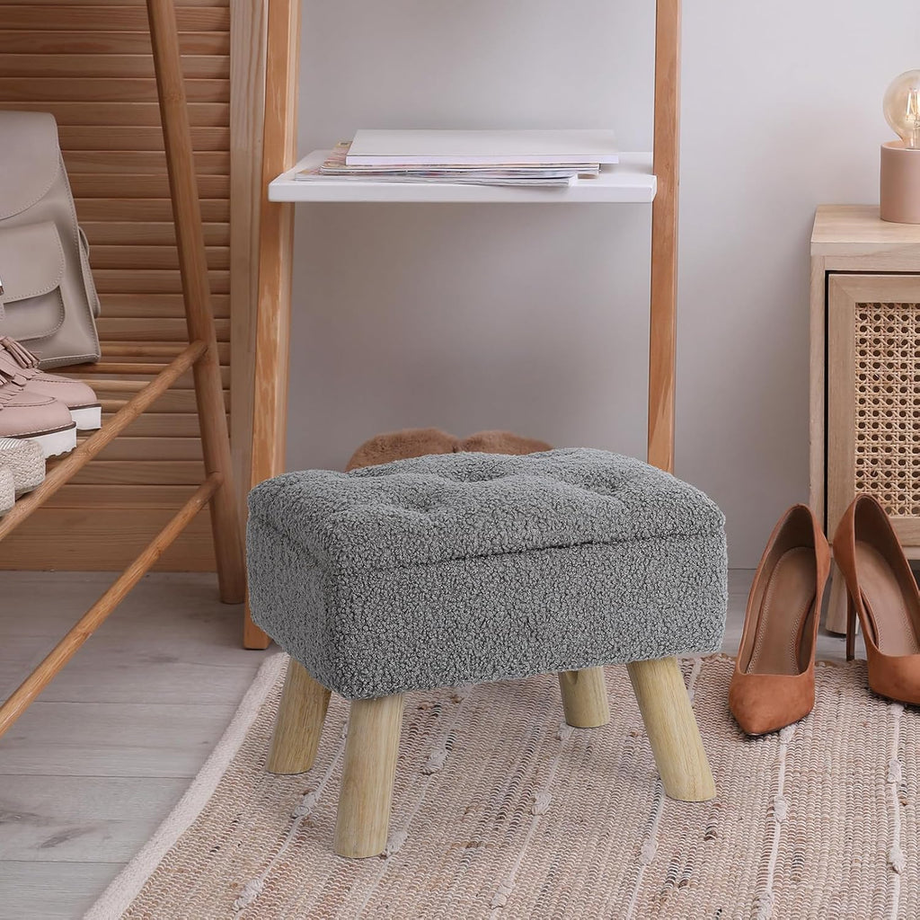 OGEMXU Storage Ottoman, Small Storage Ottoman Foot Stool with Wood Legs, Teddy Velvet Rectangular Foot Rest for Chair, Soft Sponge White Footstool for Living Room, Couch, Bedroom, Dorm (Grizzly)