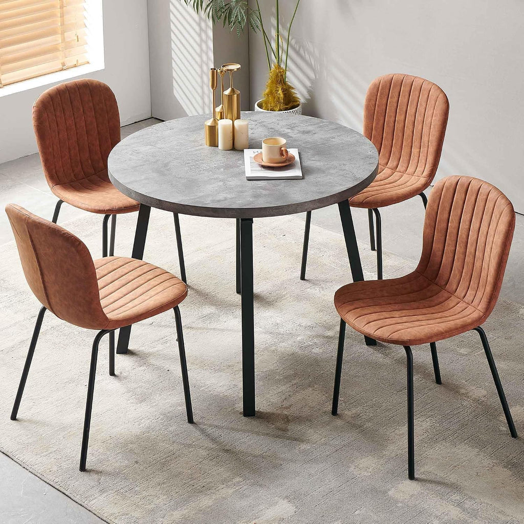 Dining Chair Set of 4, Upholstered PU Leather Seat with Black Metal Legs,Modern Comfortable Kitchen Chair, Curved Backrest Dining Chair for Dining Room Living Home(Mid-Century Brown)