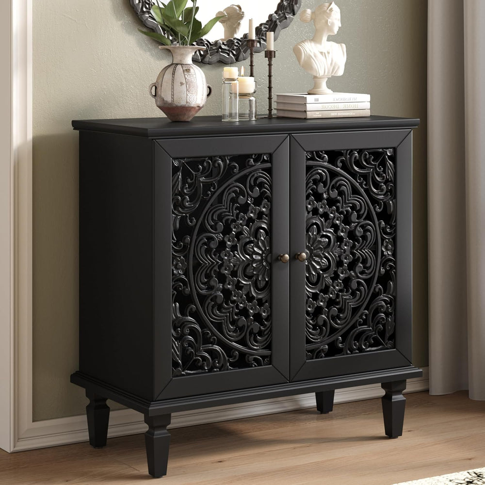 Antique Black Sideboard Buffet Accent Credenza Storage Cabinet with 2 Hollow ...