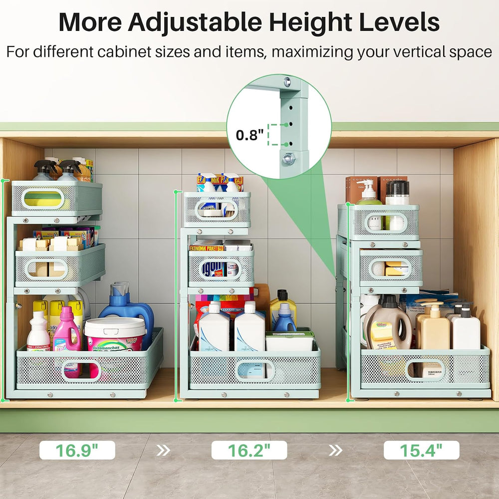 Under Sink Organizer, 2-Pack 3-Tier Height Adjustable Thickened Metal Pull ou...