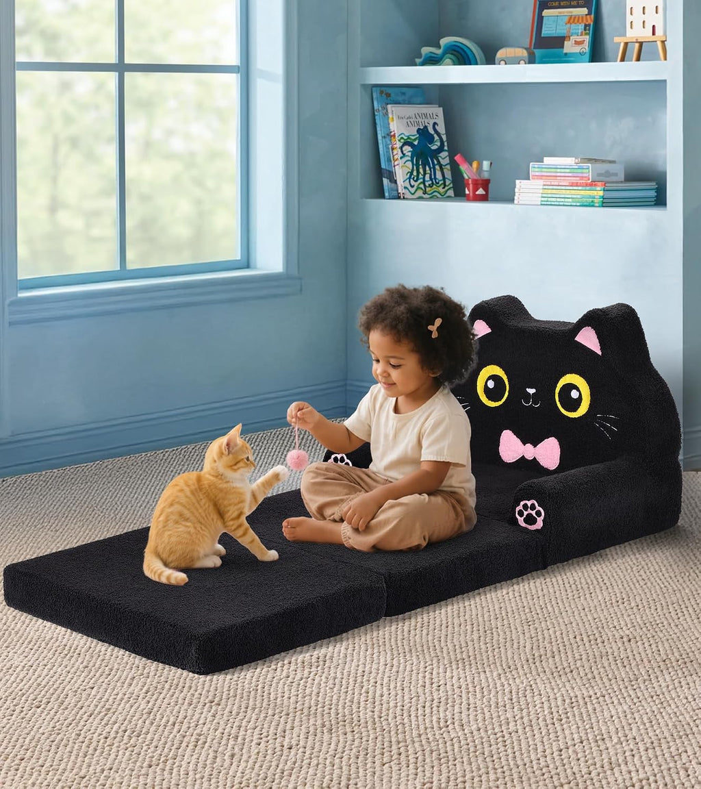 Foryoomi Kids Couch, 2-in-1 Soft Toddler Couch Fold Out with Blanket, Chair Comfy, Foldable Convertible Plush Sofa, Gifts for Kids Girl Boys, Black Cat