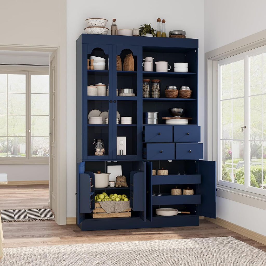 Polibi Freestanding Buffet with Hutch, Tall Kitchen Pantry Cabinet with 4 Drawers, Door Shelves,Glass Doors & Pull-Out Trays, for Dining Room Living Room,47.2x15.7x75inch,Blue