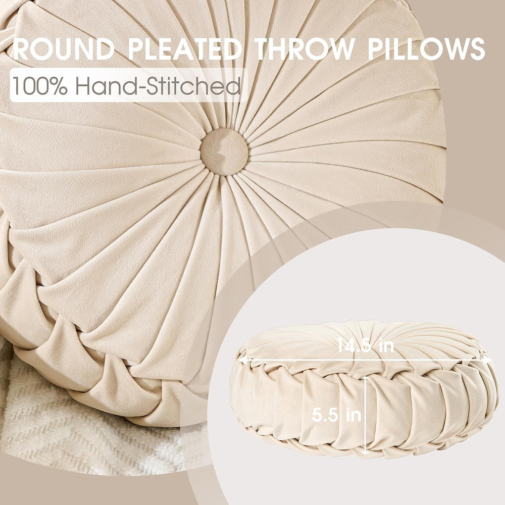 ROSE&RISY Round Pleated Velvet Throw Pillows, 2 Pack Decorative Accent Pu...