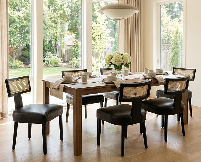 Rattan Dining Chairs Set of 4, Modern PU Leather Upholstered Kitchen Chairs, ...