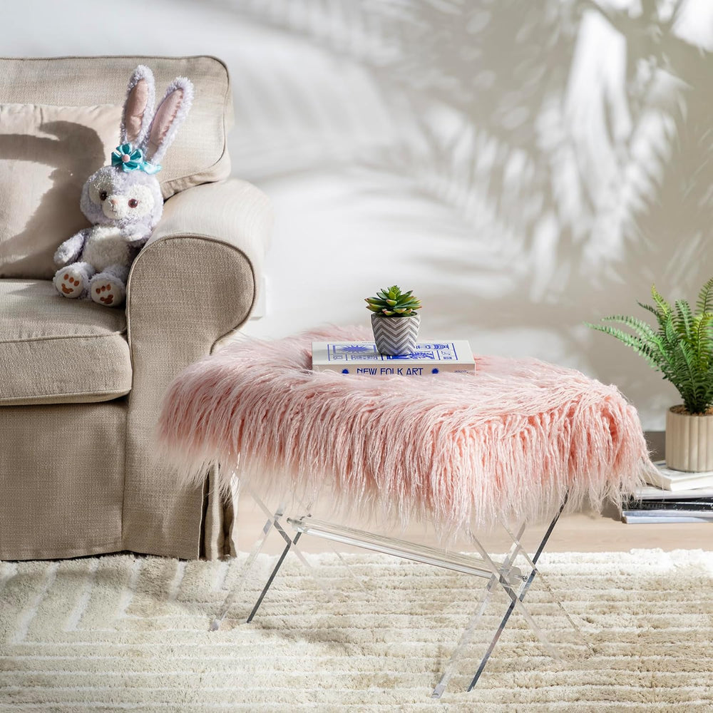 Glitzhome Ottoman Bench, Pink Faux Fur Ottoman Foot Rest, Modern Vanity Stool...