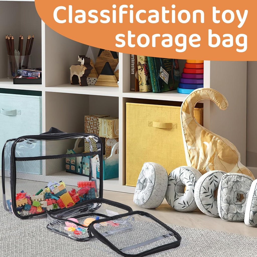 6 Pack Toy Storage Bags, Reusable Clear Board Game Storage, Waterproof PVC Organizer, Toy Storage Organizer Bags with Zipper with Name Tag and Manual Pockets Small Size