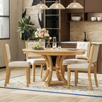 Ball & Cast Retro Dining Table Set for 4 with 4 Upholstered Chairs,5-Piece Wooden Living Room Furniture W/ 42" Round Extendable Kitchen Desk,for Small Space,Apartment,Dining Room,Natural