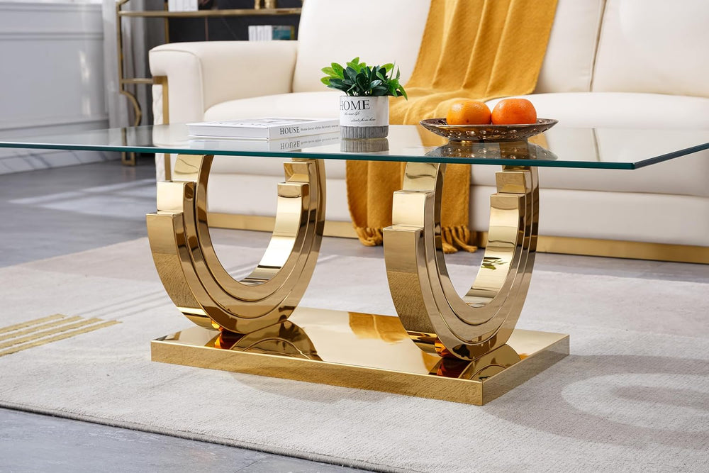 HomVent Glass Coffee Table with Gold Stainless Steel Base | 47"Rectangul...