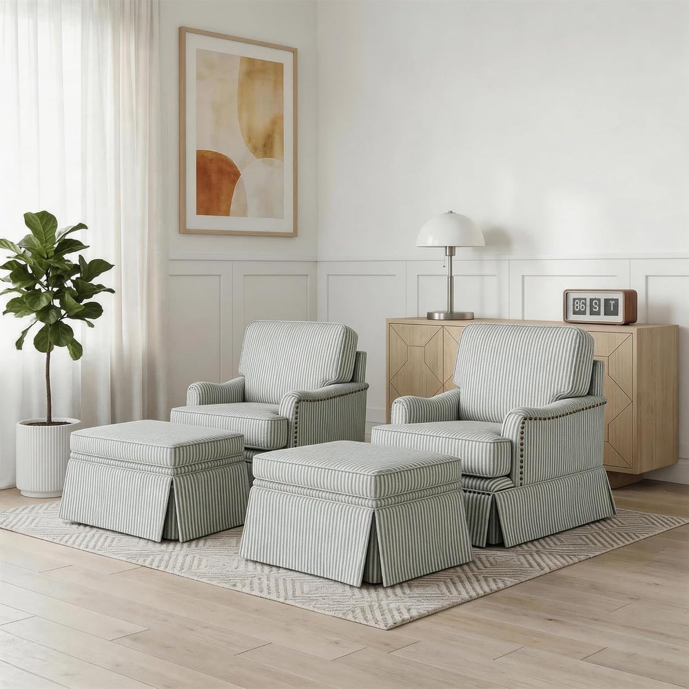 Swivel Accent Chairs Set of 2 with Ottoman, Pinstripe Green