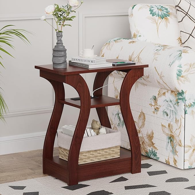 End Tables Living Room, Cherry End Table with Charging Station, Nightstand fo...