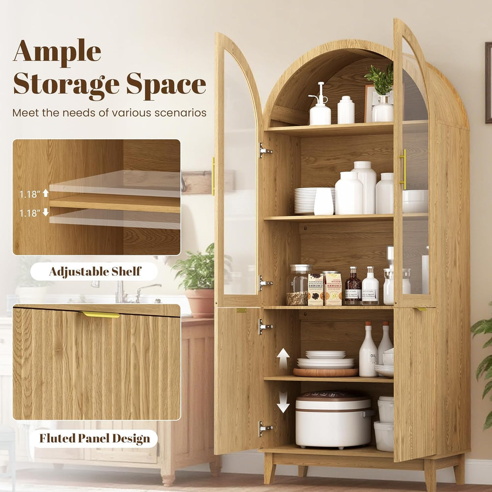 Pamapic 71" Tall Arched Cabinet, Fluted Kitchen Pantry with Glass Doors ...