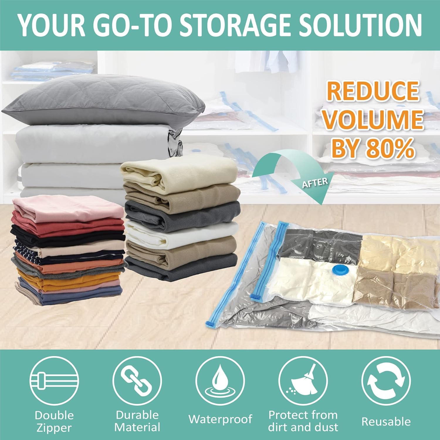 6 Pack Vacuum Storage Bags, Space Saver Bags (2 Jumbo/2 Large/2 Medium) Compression Storage Bags for Comforters and Blankets, Vacuum Sealer Bags for Clothes Storage, Hand Pump Included