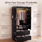 YESHOMY 70.9" Armoire Wardrobe Closet with Sensor Light, 2 Drawers (Black) | 20" Deep Design, Side Hooks, Soft-Close Hinges, Thickened Base Support