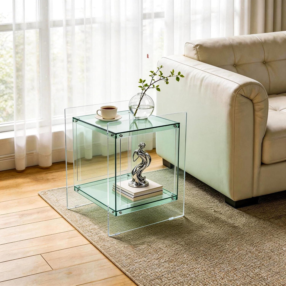 Acrylic End Table Light-Green: 2 Tier Clear Accent Desk Small Nightstand Set