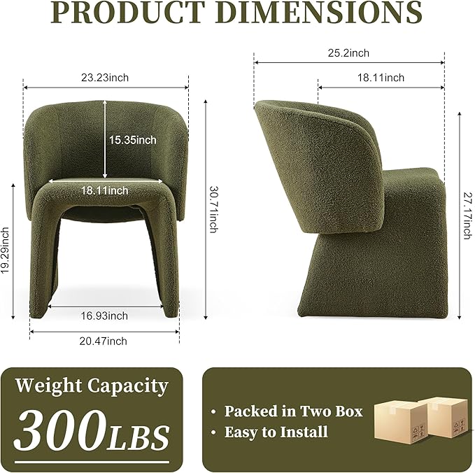 NORDICANA Barrel Dining Room Chairs with Arms, Faux Fur Accent Chairs Set of 2, for Kitchen, Living Room, Upholstered Armchairs, Green