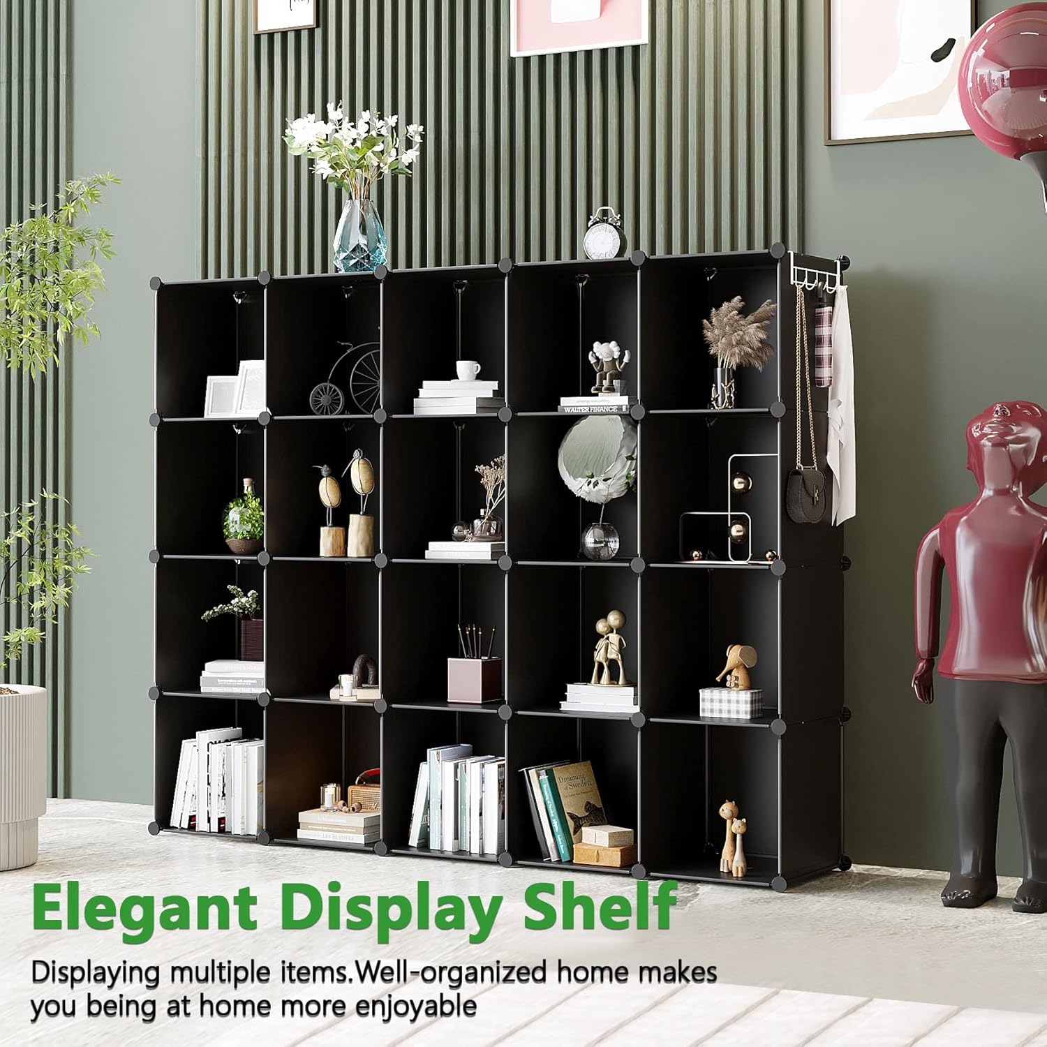 C&AHOME Cube Storage Organizer, 20-Cube Shelves Units, Closet Cabinet, DIY Plastic Modular Book Shelf, Ideal for Bedroom, Living Room, Office, 48.4" L x 12.4" W x 60.6" H Black UPCS20H