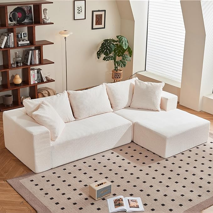 108" L-Shaped Boneless Couch, Modular Sectional Sofa with Moveable Ottoman, Corduroy Cloud Couches for Living Room, No Assembly, Ship in a Box, Beige