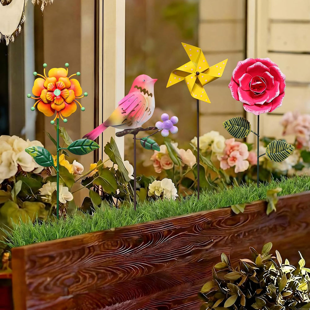 8 Pcs Metal Flower Yard Art 5d Garden Stakes 14 in Outdoor Decor