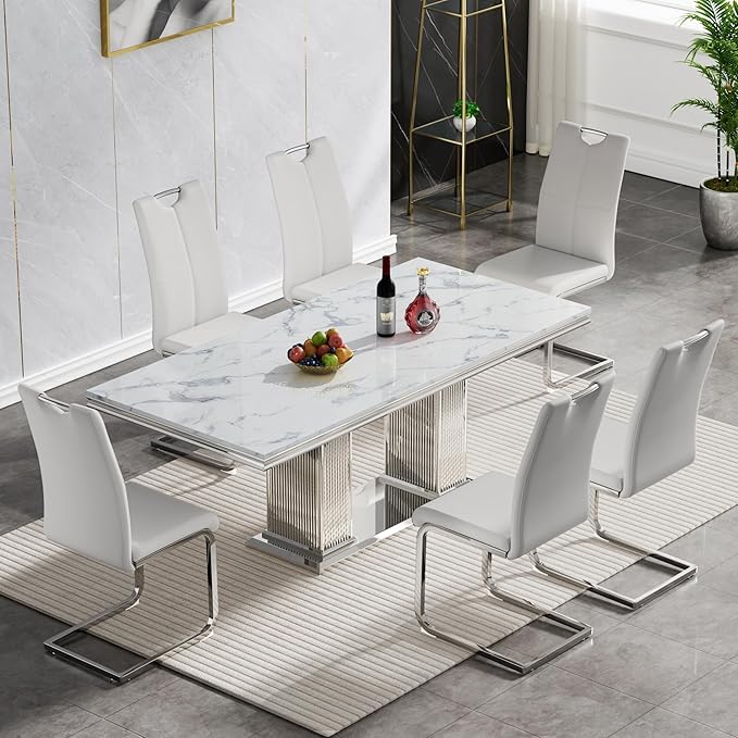 Goujxcy Dining Chairs Set of 6, Modern High Back Kitchen Chairs with Metal Legs and Faux Leather Padded Seat Upholstered Dining Chairs for Dining & Kitchen,Living Room (White&Silver, Set of 6)