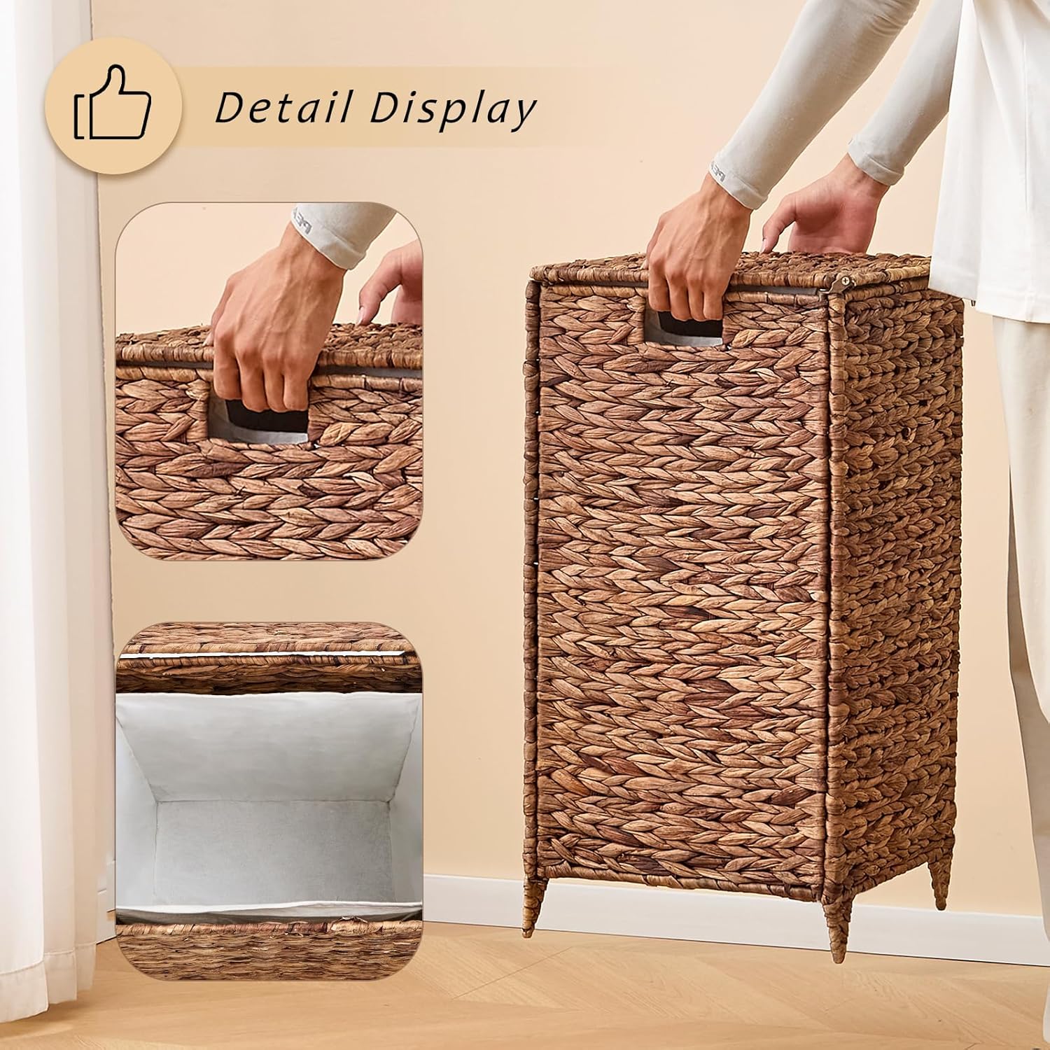 Handwoven Laundry Hamper with Lid, Natural Water Hyacinth Heightened Feet Laundry Basket, Wicker Clothes Hamper with Removable Liner Bag
