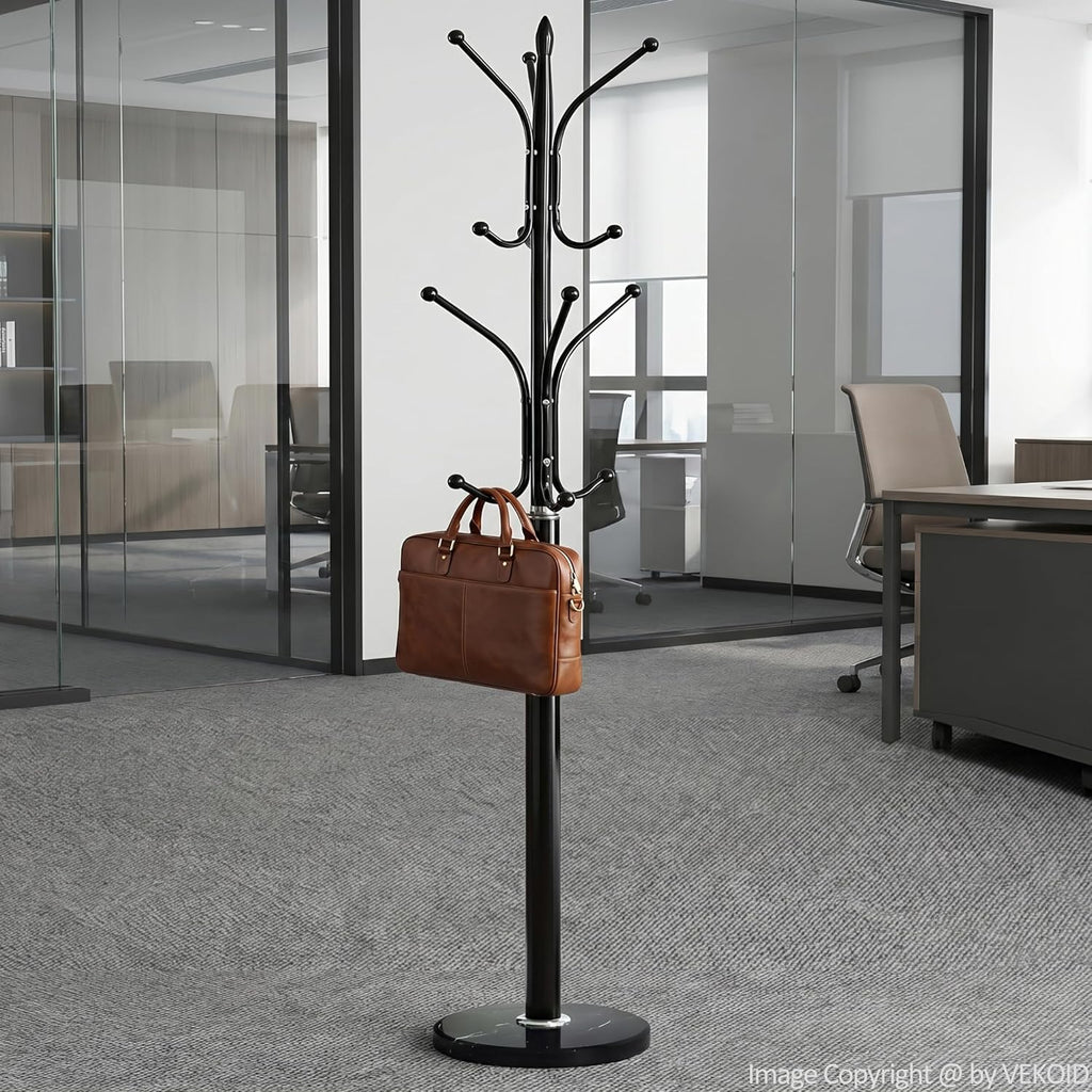 12 Hooks Metal Coat Rack Freestanding Coat Tree with Marble Base, Heavy Duty Coat Rack Stand for Clothes Hats Bags, Coat Hanger Stand for Corner Entryway Bedroom Office (Black)