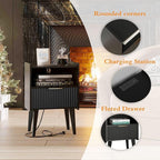 Fluted Nightstand with Charging Station, Modern Bedside Table with Drawer,Black Nightstand with Solid Wood Legs, End Table,Side Table for Living Room,Bedroom Black CTG57BKE