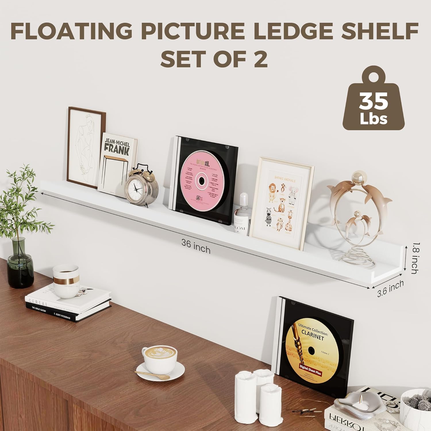 Axeman Floating Shelves for Wall - Picture Ledge Shelf Set of 2-36 Inch White Floating Shelves with Lip - Picture Shelf for Wall with Ledge - Photo Ledge Shelves for Pictures Nursery Books
