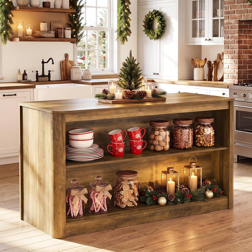 Tribesigns 59.1 Inch Kitchen Island with Open Storage | 3-Tier Rustic Wooden ...