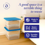 HOMZ 2-Pack Snaplock, Large Clear Plastic Storage Organizer Bins w/Lids, 56 Quart, Blue - Stackable Container Boxes for Bedroom, Bathroom, Garage, and Office Organization