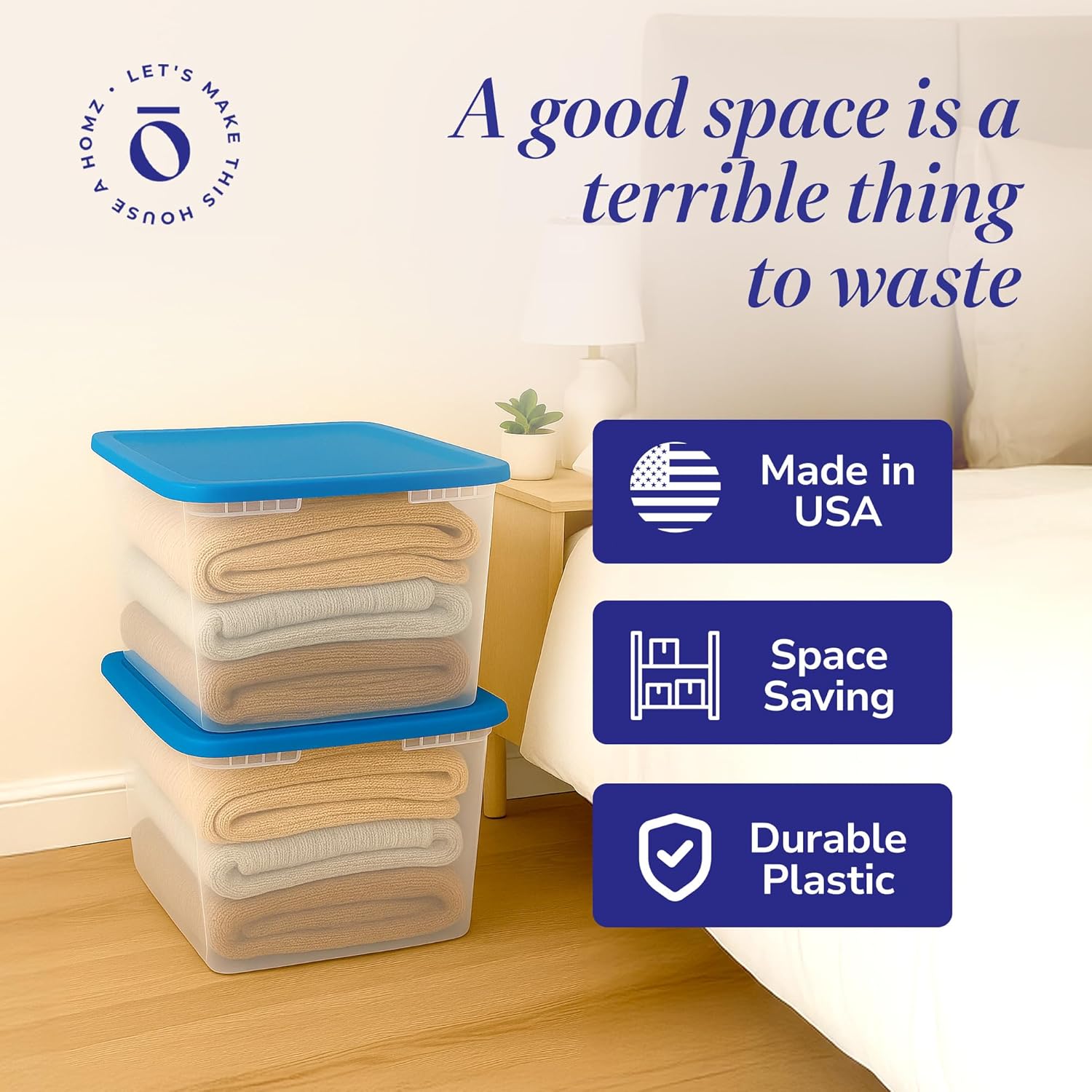 HOMZ 2-Pack Snaplock, Large Clear Plastic Storage Organizer Bins w/Lids, 56 Quart, Blue - Stackable Container Boxes for Bedroom, Bathroom, Garage, and Office Organization