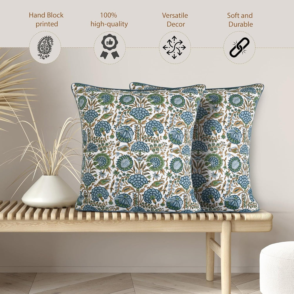 Ridhi Asparagus Green Block Print Cotton Pillow Cover 20x20 Inch Set of 2