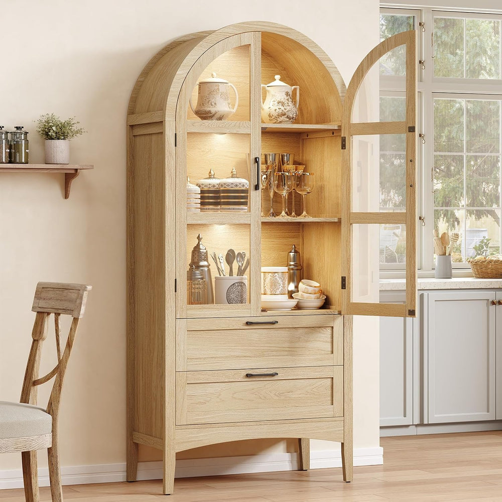 ONBRILL 71" Tall Arched Display Cabinet with LED Lights, Arched Kitchen ...